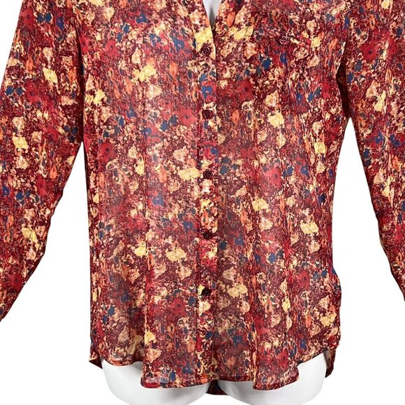 Kut From The Kloth Womens L Chiffon Sheer Floral Blouse Long Tab Sleeve Artsy - Picture 6 of 16